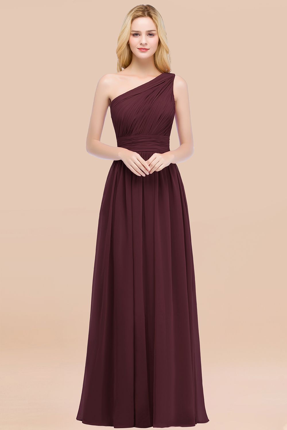Chic One-shoulder Sleeveless Burgundy Chiffon Bridesmaid Dresses Online-Babyonlines
