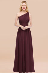 Chic One-shoulder Sleeveless Burgundy Chiffon Bridesmaid Dresses Online-Babyonlines