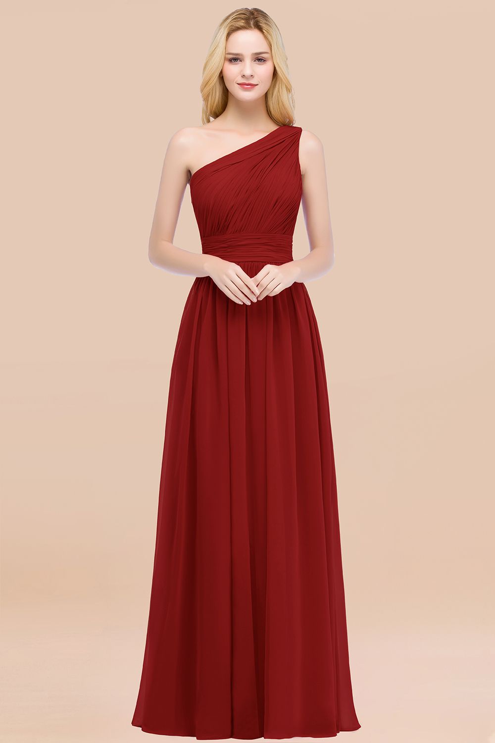 Chic One-shoulder Sleeveless Burgundy Chiffon Bridesmaid Dresses Online-Babyonlines