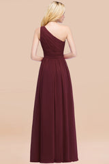 Chic One-shoulder Sleeveless Burgundy Chiffon Bridesmaid Dresses Online-Babyonlines