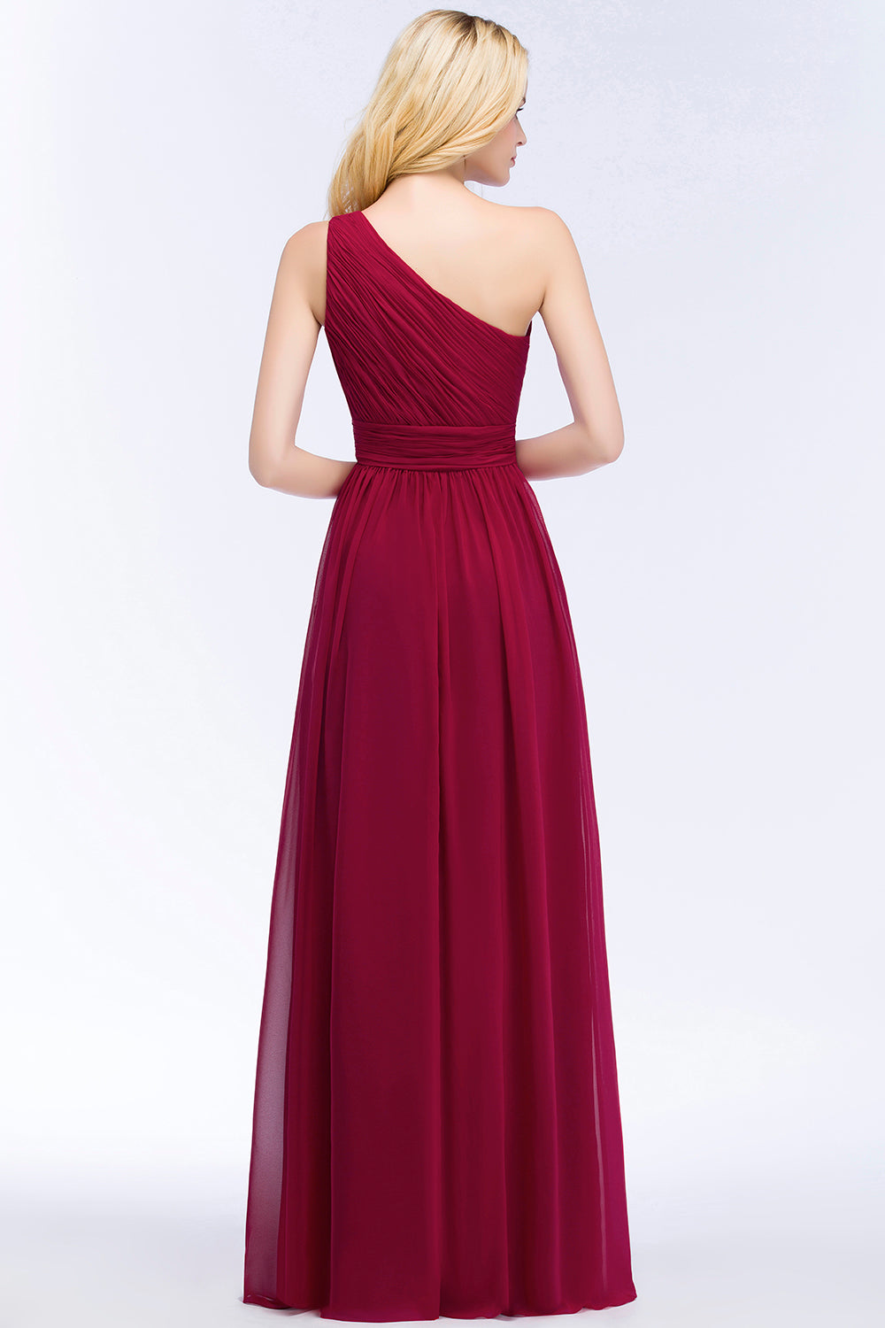 Chic One-shoulder Sleeveless Burgundy Chiffon Bridesmaid Dresses Online-Babyonlines