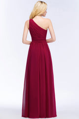 Chic One-shoulder Sleeveless Burgundy Chiffon Bridesmaid Dresses Online-Babyonlines
