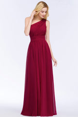 Chic One-shoulder Sleeveless Burgundy Chiffon Bridesmaid Dresses Online-Babyonlines