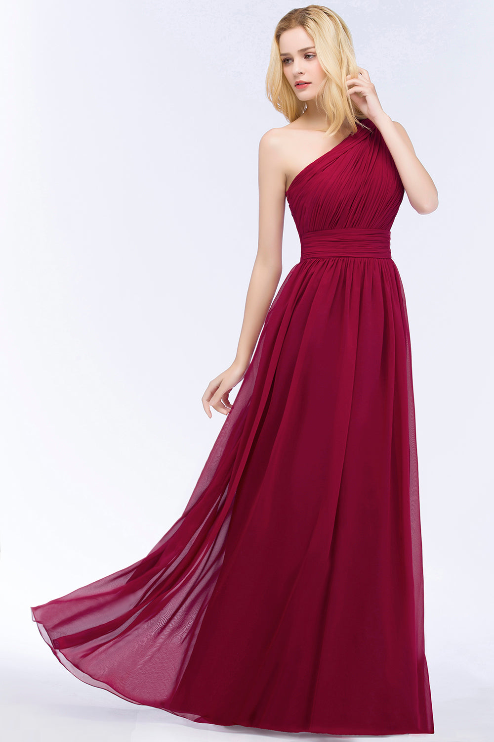 Chic One-shoulder Sleeveless Burgundy Chiffon Bridesmaid Dresses Online-Babyonlines