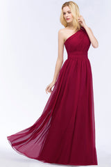 Chic One-shoulder Sleeveless Burgundy Chiffon Bridesmaid Dresses Online-Babyonlines