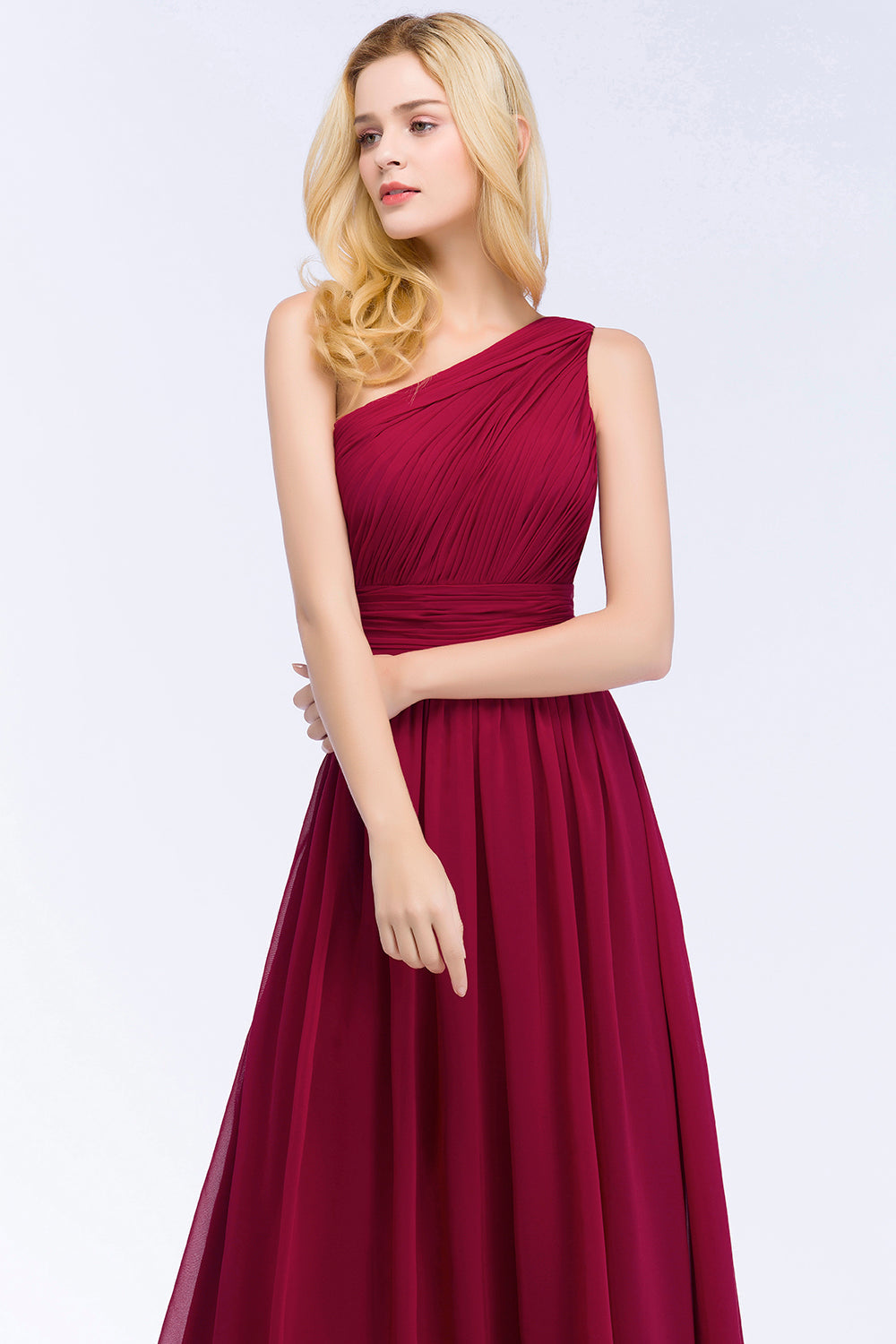 Chic One-shoulder Sleeveless Burgundy Chiffon Bridesmaid Dresses Online-Babyonlines