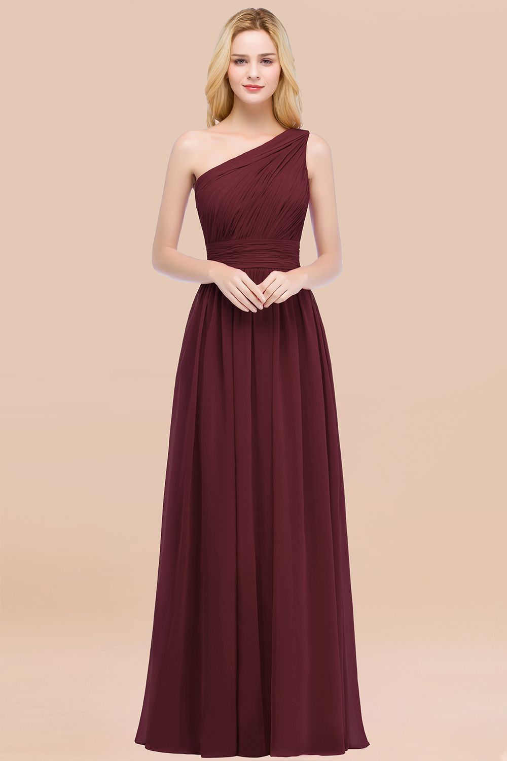 Chic One-shoulder Sleeveless Burgundy Chiffon Bridesmaid Dresses Online-Babyonlines