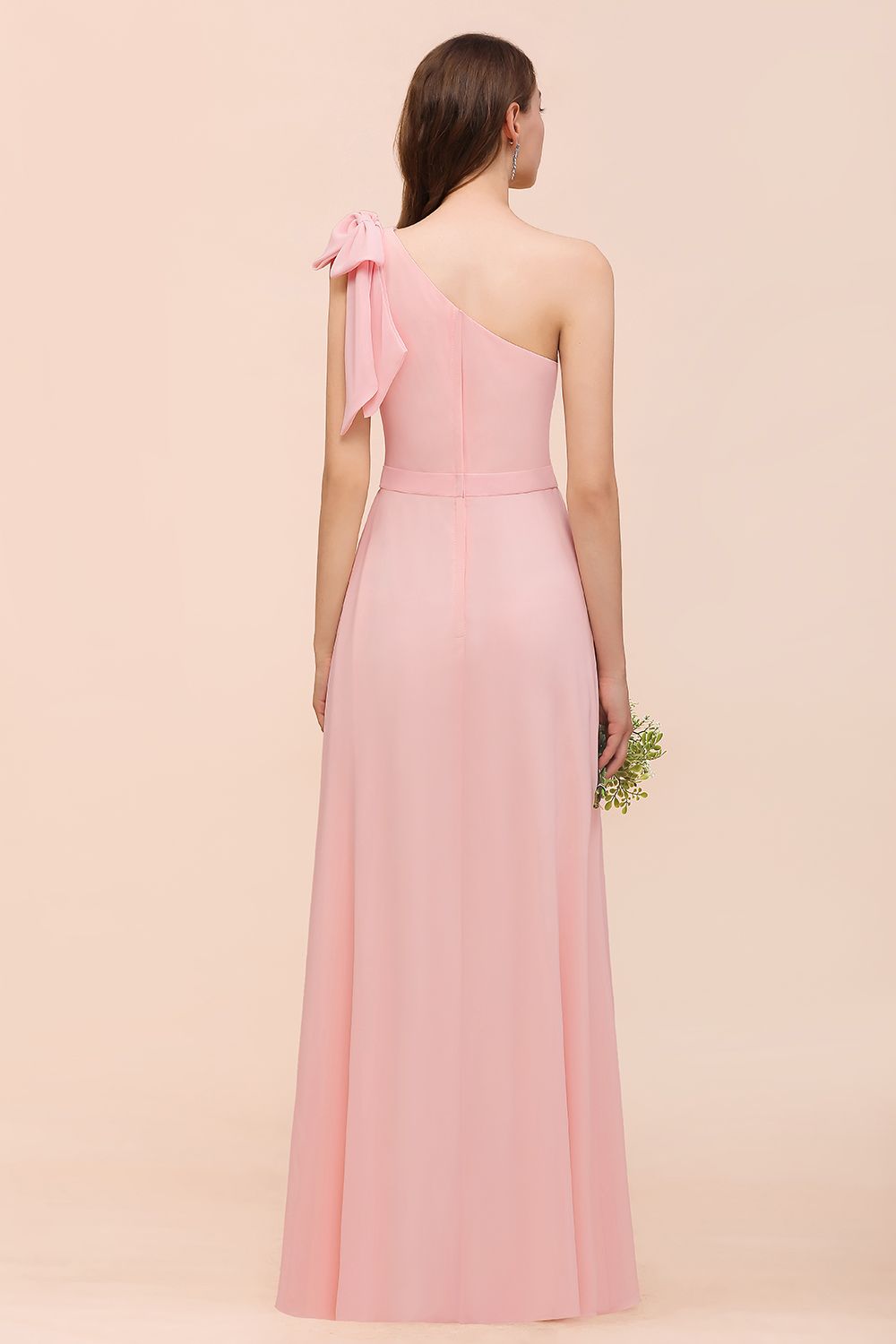 Chic One Shoulder Sleeveless Pink Chiffon Bridesmaid Dress with Bow-Babyonlines
