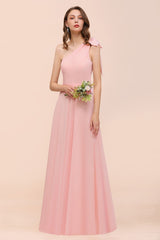Chic One Shoulder Sleeveless Pink Chiffon Bridesmaid Dress with Bow-Babyonlines