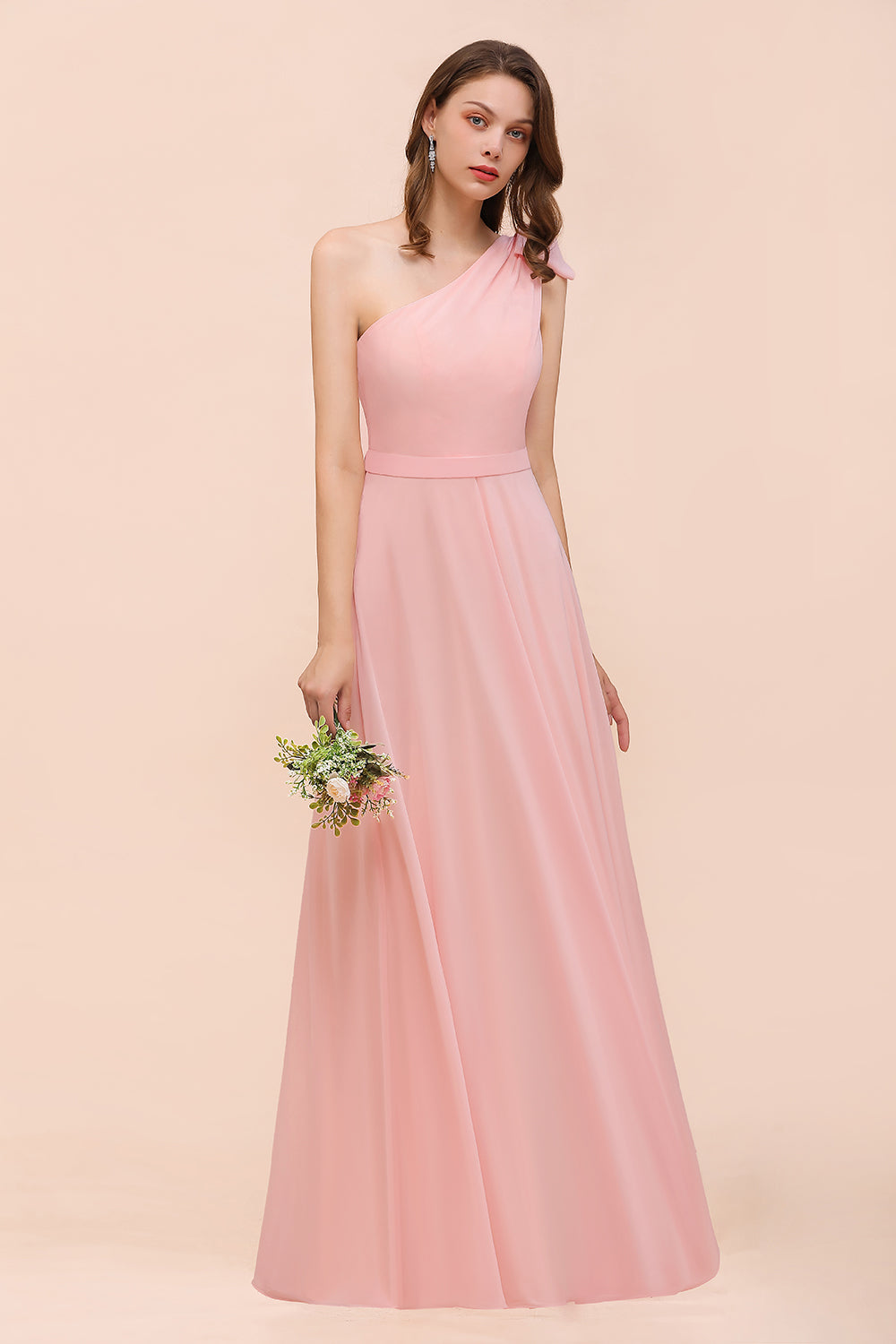 Chic One Shoulder Sleeveless Pink Chiffon Bridesmaid Dress with Bow-Babyonlines