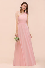 Chic One Shoulder Sleeveless Pink Chiffon Bridesmaid Dress with Bow-Babyonlines