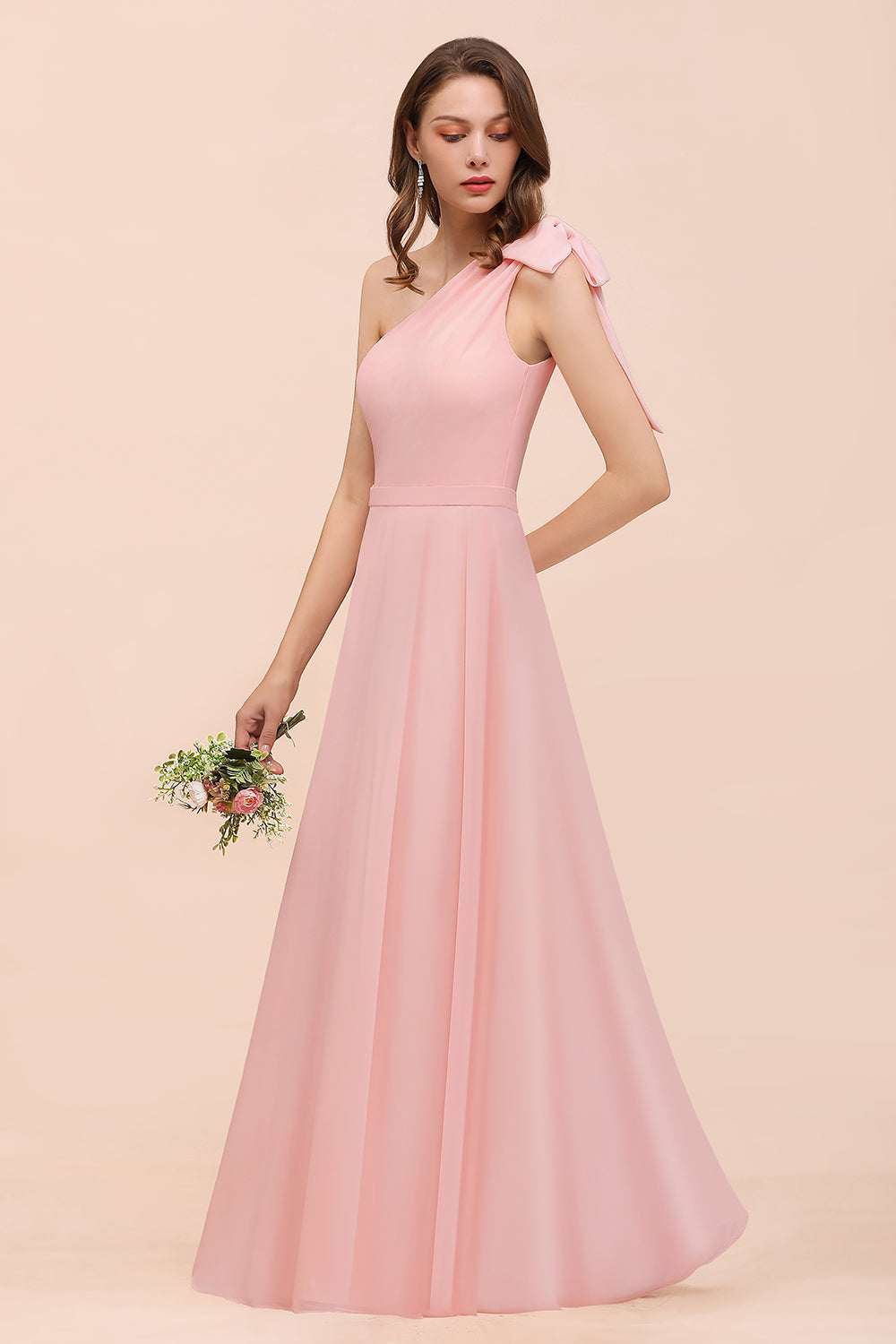 Chic One Shoulder Sleeveless Pink Chiffon Bridesmaid Dress with Bow-Babyonlines