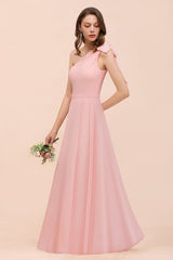 Chic One Shoulder Sleeveless Pink Chiffon Bridesmaid Dress with Bow-Babyonlines
