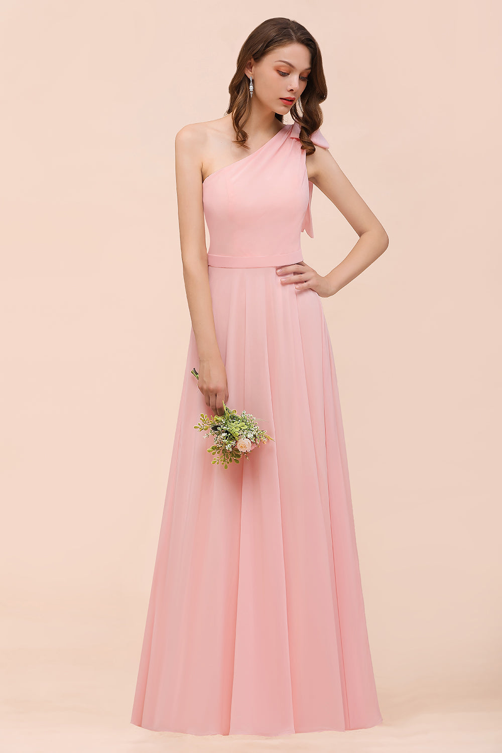 Chic One Shoulder Sleeveless Pink Chiffon Bridesmaid Dress with Bow-Babyonlines