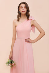 Chic One Shoulder Sleeveless Pink Chiffon Bridesmaid Dress with Bow-Babyonlines
