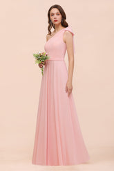 Chic One Shoulder Sleeveless Pink Chiffon Bridesmaid Dress with Bow-Babyonlines