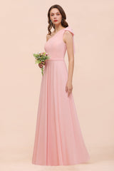 Chic One Shoulder Sleeveless Pink Chiffon Bridesmaid Dress with Bow-Babyonlines
