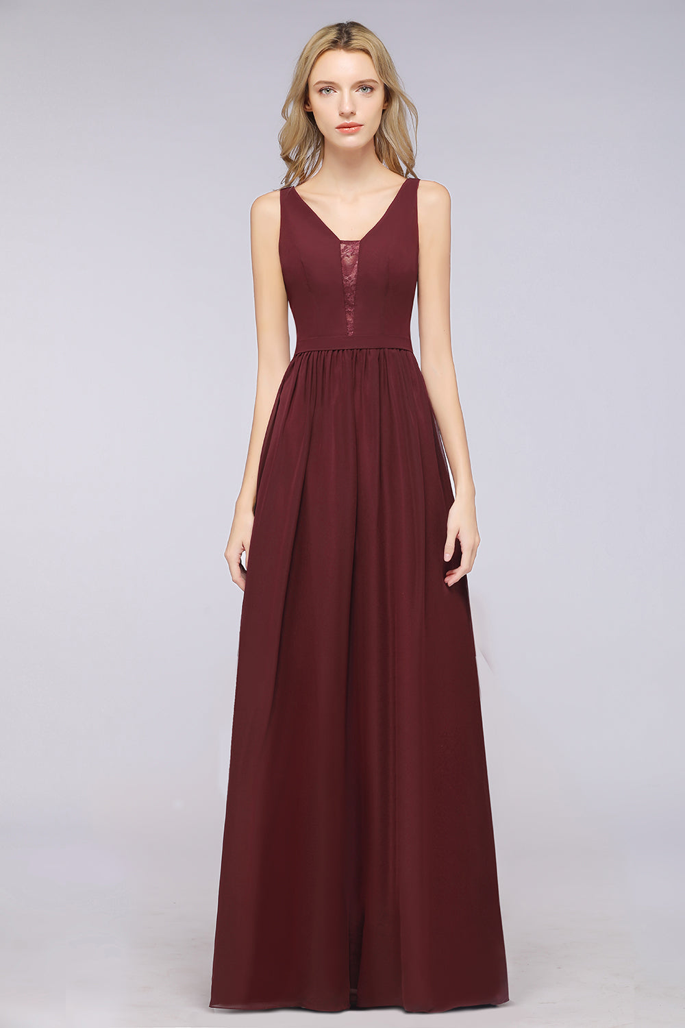 Chic Ruffles Straps Chiffon Lace Burgundy Bridsmaid Dress Online-Babyonlines