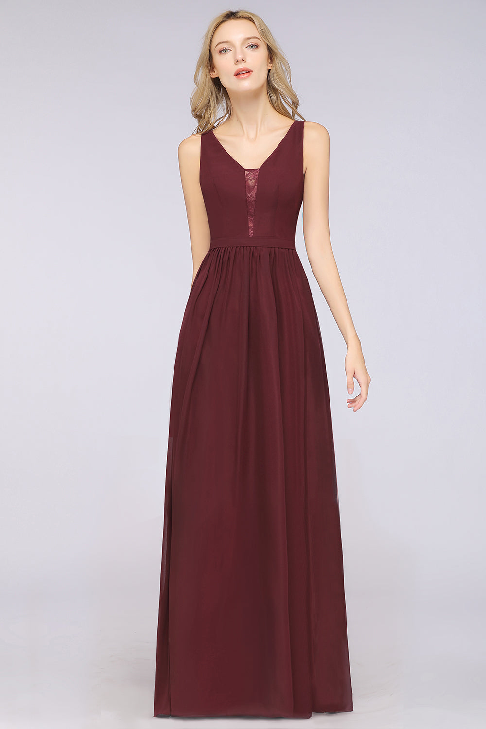 Chic Ruffles Straps Chiffon Lace Burgundy Bridsmaid Dress Online-Babyonlines