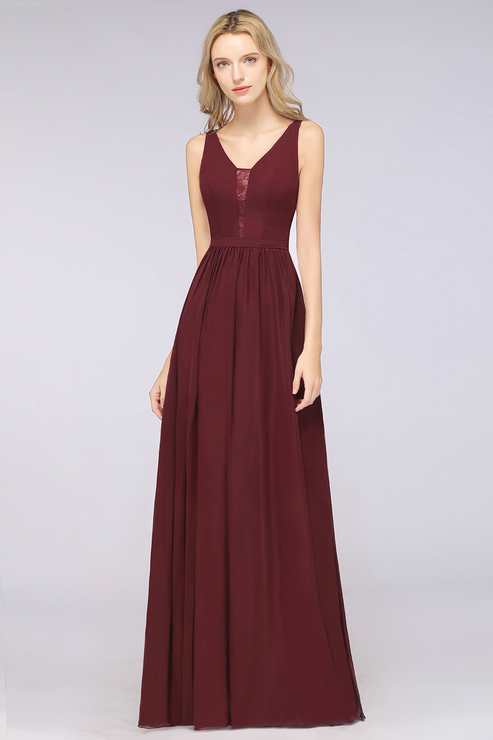 Chic Ruffles Straps Chiffon Lace Burgundy Bridsmaid Dress Online-Babyonlines