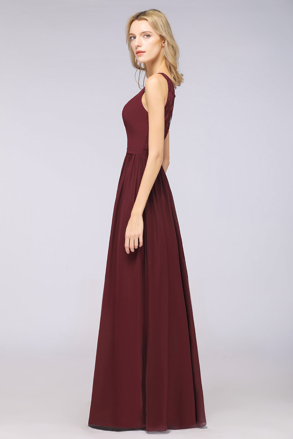 Chic Ruffles Straps Chiffon Lace Burgundy Bridsmaid Dress Online-Babyonlines