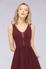 Chic Ruffles Straps Chiffon Lace Burgundy Bridsmaid Dress Online-Babyonlines