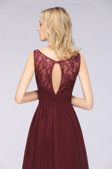Chic Ruffles Straps Chiffon Lace Burgundy Bridsmaid Dress Online-Babyonlines