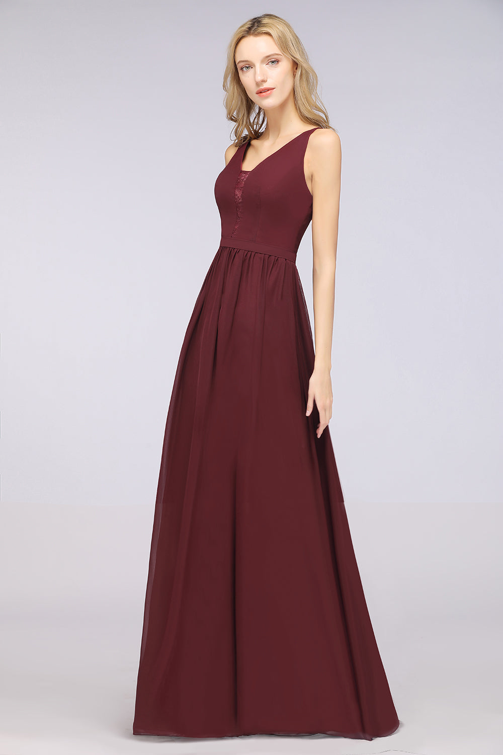 Chic Ruffles Straps Chiffon Lace Burgundy Bridsmaid Dress Online-Babyonlines
