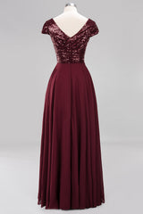 Chic Sequined Top V-Neck Sleeveless Burgundy Bridesmaid Dresses Online-Babyonlines