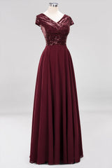 Chic Sequined Top V-Neck Sleeveless Burgundy Bridesmaid Dresses Online-Babyonlines