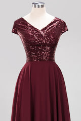 Chic Sequined Top V-Neck Sleeveless Burgundy Bridesmaid Dresses Online-Babyonlines
