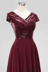 Chic Sequined Top V-Neck Sleeveless Burgundy Bridesmaid Dresses Online-Babyonlines