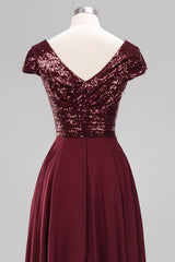 Chic Sequined Top V-Neck Sleeveless Burgundy Bridesmaid Dresses Online-Babyonlines