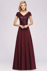Chic Sequined Top V-Neck Sleeveless Burgundy Bridesmaid Dresses Online-Babyonlines