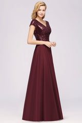 Chic Sequined Top V-Neck Sleeveless Burgundy Bridesmaid Dresses Online-Babyonlines
