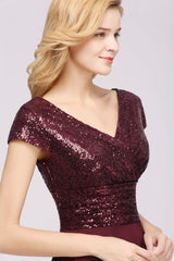 Chic Sequined Top V-Neck Sleeveless Burgundy Bridesmaid Dresses Online-Babyonlines