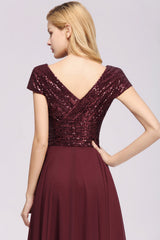 Chic Sequined Top V-Neck Sleeveless Burgundy Bridesmaid Dresses Online-Babyonlines