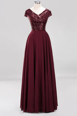 Chic Sequined Top V-Neck Sleeveless Burgundy Bridesmaid Dresses Online-Babyonlines