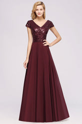 Chic Sequined Top V-Neck Sleeveless Burgundy Bridesmaid Dresses Online-Babyonlines