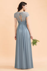 Chic Short Sleeves Lace Chiffon Bridesmaid Dress with Ruffles Online-Babyonlines