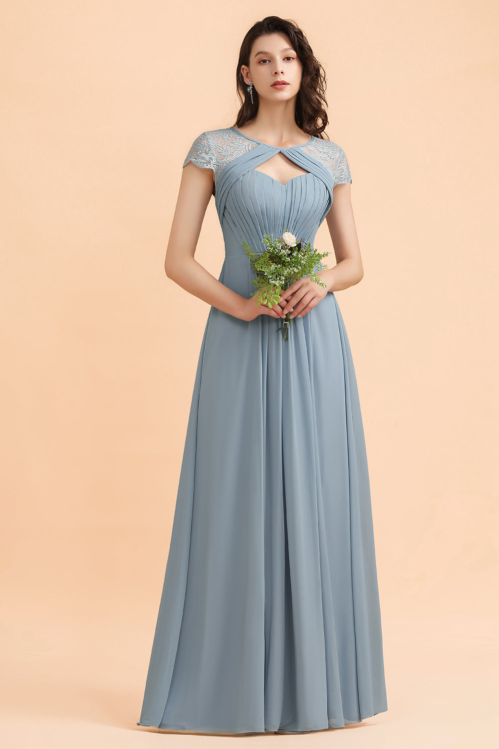 Chic Short Sleeves Lace Chiffon Bridesmaid Dress with Ruffles Online-Babyonlines