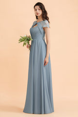 Chic Short Sleeves Lace Chiffon Bridesmaid Dress with Ruffles Online-Babyonlines