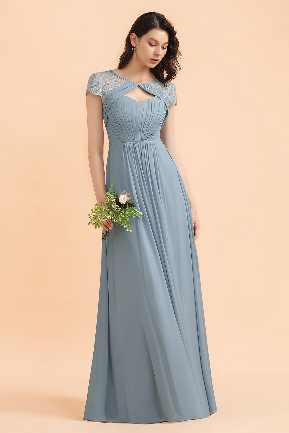 Chic Short Sleeves Lace Chiffon Bridesmaid Dress with Ruffles Online-Babyonlines