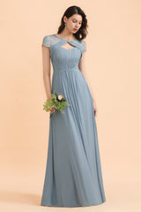 Chic Short Sleeves Lace Chiffon Bridesmaid Dress with Ruffles Online-Babyonlines