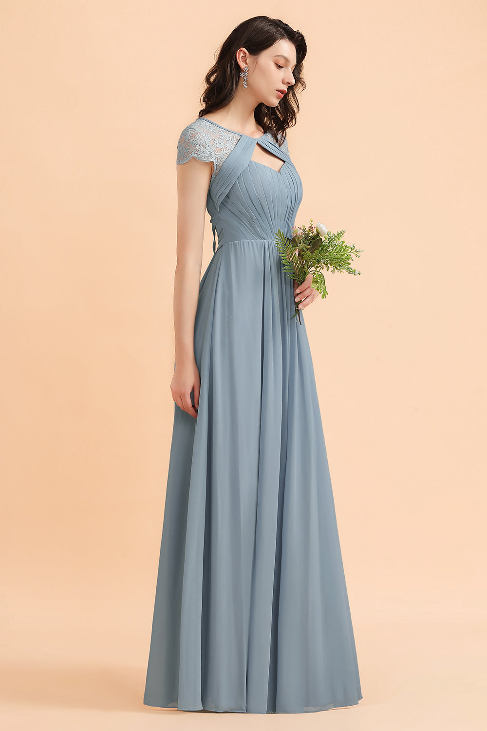 Chic Short Sleeves Lace Chiffon Bridesmaid Dress with Ruffles Online-Babyonlines