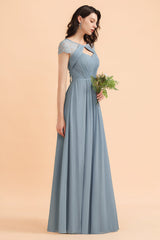 Chic Short Sleeves Lace Chiffon Bridesmaid Dress with Ruffles Online-Babyonlines