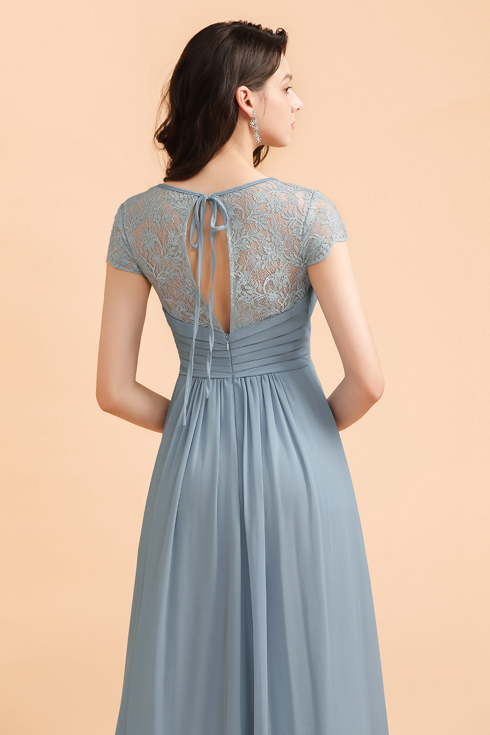 Chic Short Sleeves Lace Chiffon Bridesmaid Dress with Ruffles Online-Babyonlines