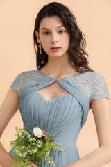 Chic Short Sleeves Lace Chiffon Bridesmaid Dress with Ruffles Online-Babyonlines