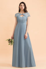 Chic Short Sleeves Lace Chiffon Bridesmaid Dress with Ruffles Online-Babyonlines