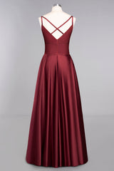 Chic Spaghetti-Straps Burgundy Satin Long Bridesmaid Dress Online-Babyonlines